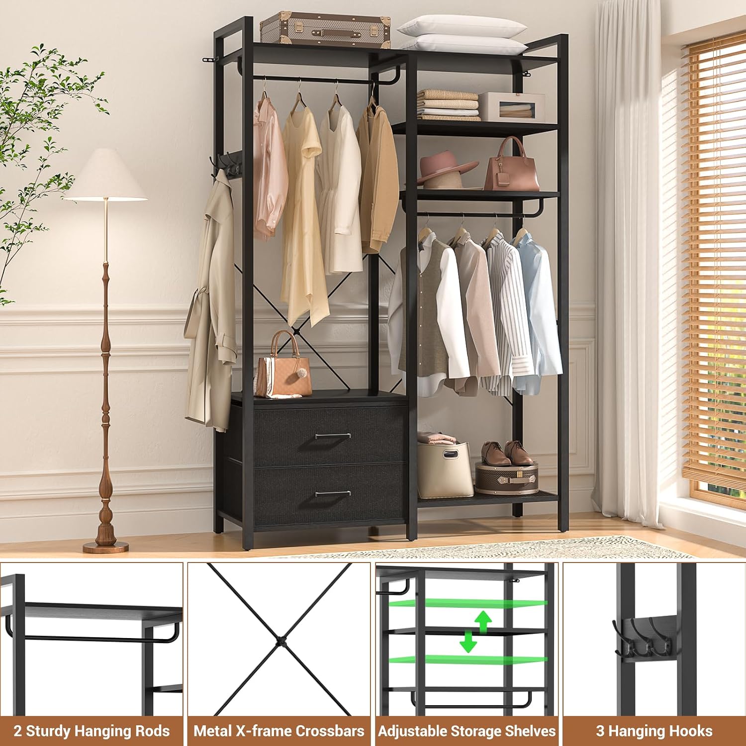 Besiost 78.7'' Clothes Rack for Hanging Clothes - Reversible Clothing Rack with 4 Drawers, Heavy Duty Garment Racks with Shelves, 6 Tiers Freestanding Portable Closet Wardrobe System, Set of 2 Black