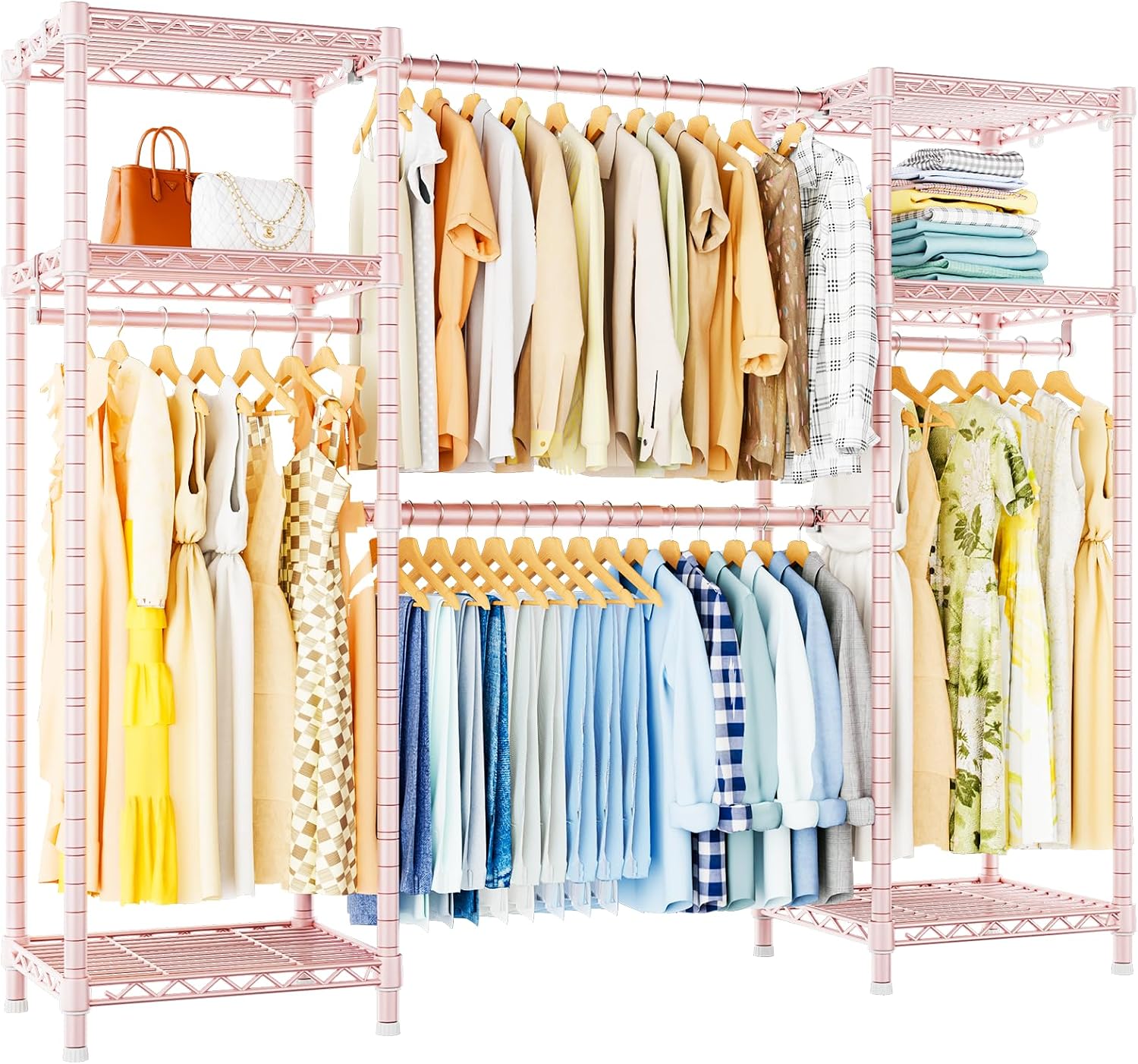 Ulif E7 Garment Rack, Heavy Duty Clothes Storage System with Extendable Hangers Rods, Metal Clothing Rack with 6 Wire Shelves, (52.3'-72') W x 14.5' D x 71.2' H, Load 838lbs, Pink