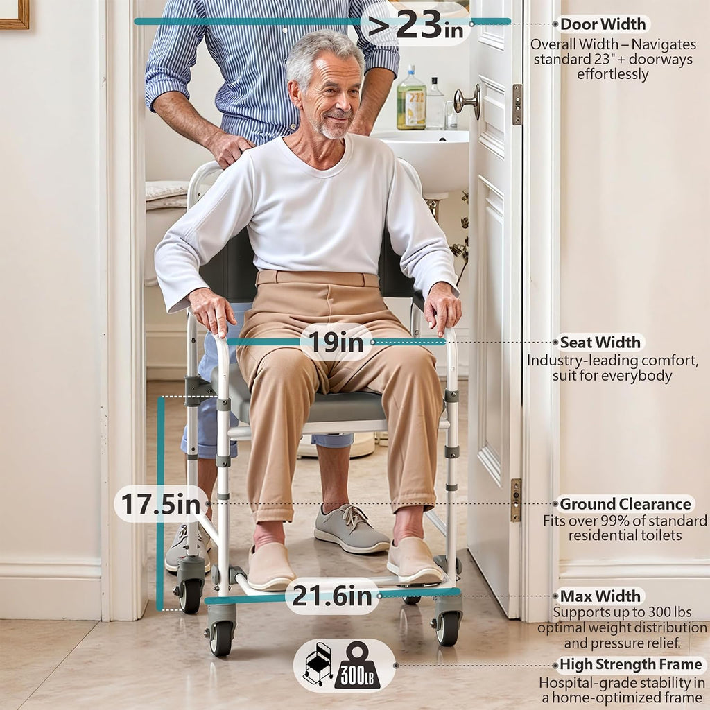 Bedside Commode with Wheels, Shower Wheelchair with 300 LBS Weight Capacity, Portable Toilet with Bucket for Elderly and Disabled