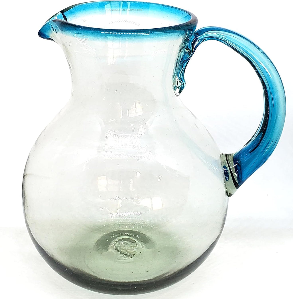 Aqua Blue Rim 120 oz Large Bola Pitcher, Recycled Glass, Lead-free, Toxin-Free (Pitcher)
