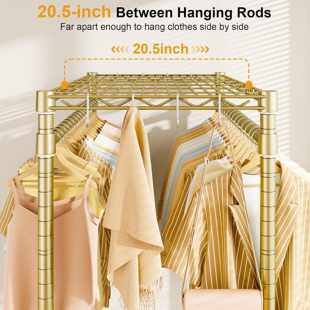 ULIFHOME P4 Plus Rolling Clothes Rack Heavy Duty, Clothing Racks for Hanging Clothes, Free Standing Garment Racks with Wheels, Portable Closet Rack 45'' W × 20.5'' D × 80.5'' H, Max Load 570 Lbs, Gold