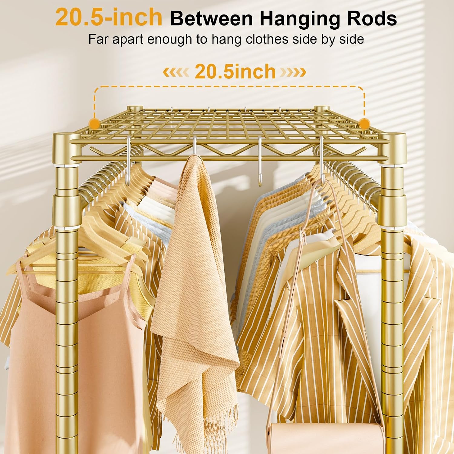 ULIFHOME P4 Plus Rolling Clothes Rack Heavy Duty, Clothing Racks for Hanging Clothes, Free Standing Garment Racks with Wheels, Portable Closet Rack 45'' W × 20.5'' D × 80.5'' H, Max Load 570 Lbs, Gold
