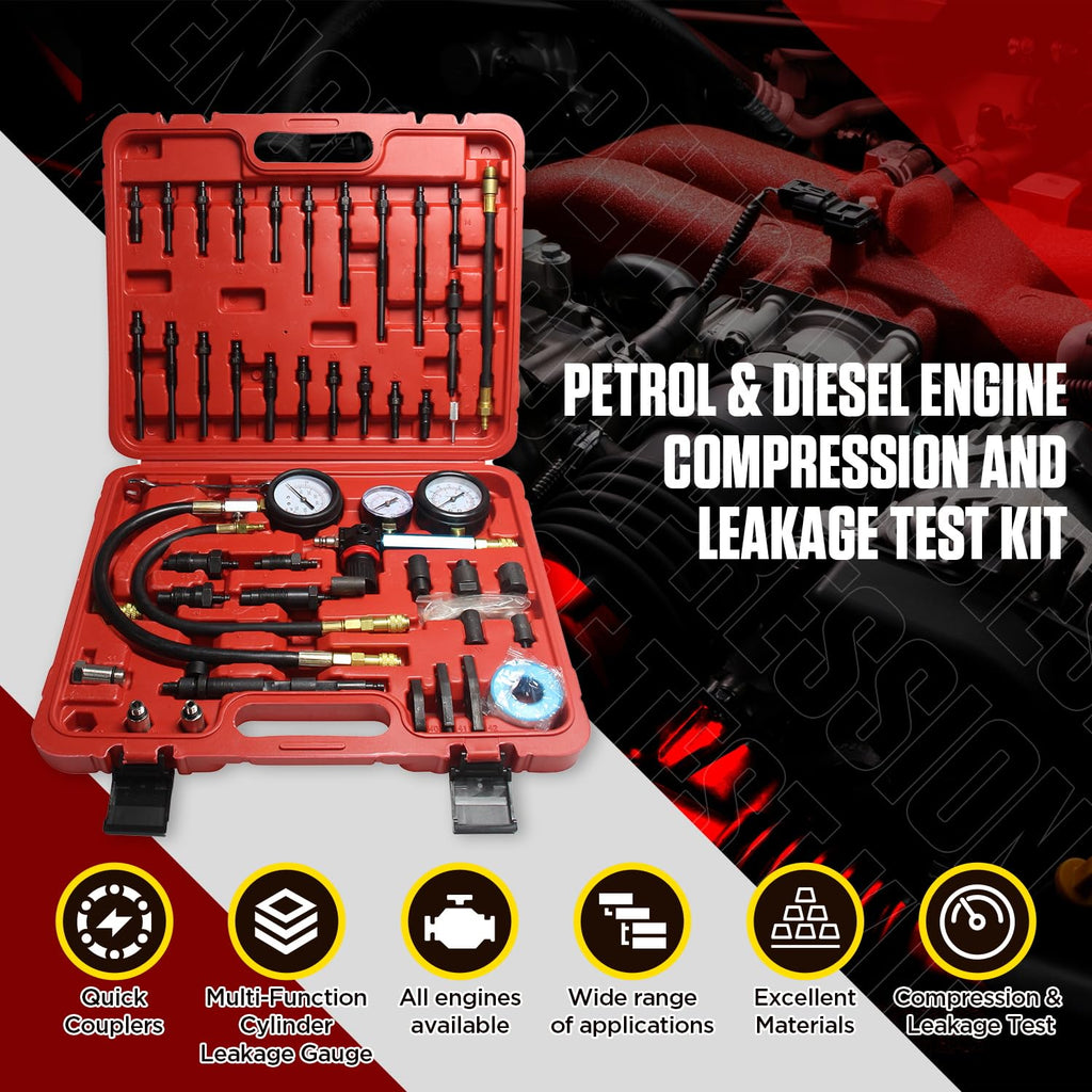 Petrol & Diesel Engine Compression and Leakage Test Kit – 47PCS Comprehensive Pressure Gauge Tool Set for Diagnosing Engine Issues Fits for Most Cars, Trucks and Motorcycles