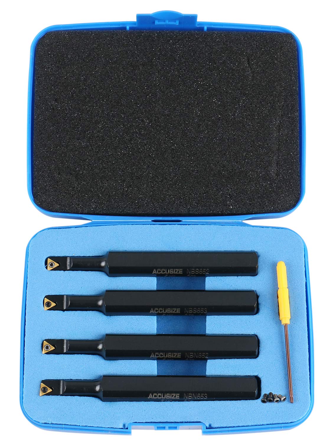 Accusize Industrial Tools Round Shank Indexable Boring Bar, 1/2 in | 4-Piece Mini Set, 95 Degree and 91 Degree Entry Angle, TiN Coated TCMT520 Inserts, EJ99-2178