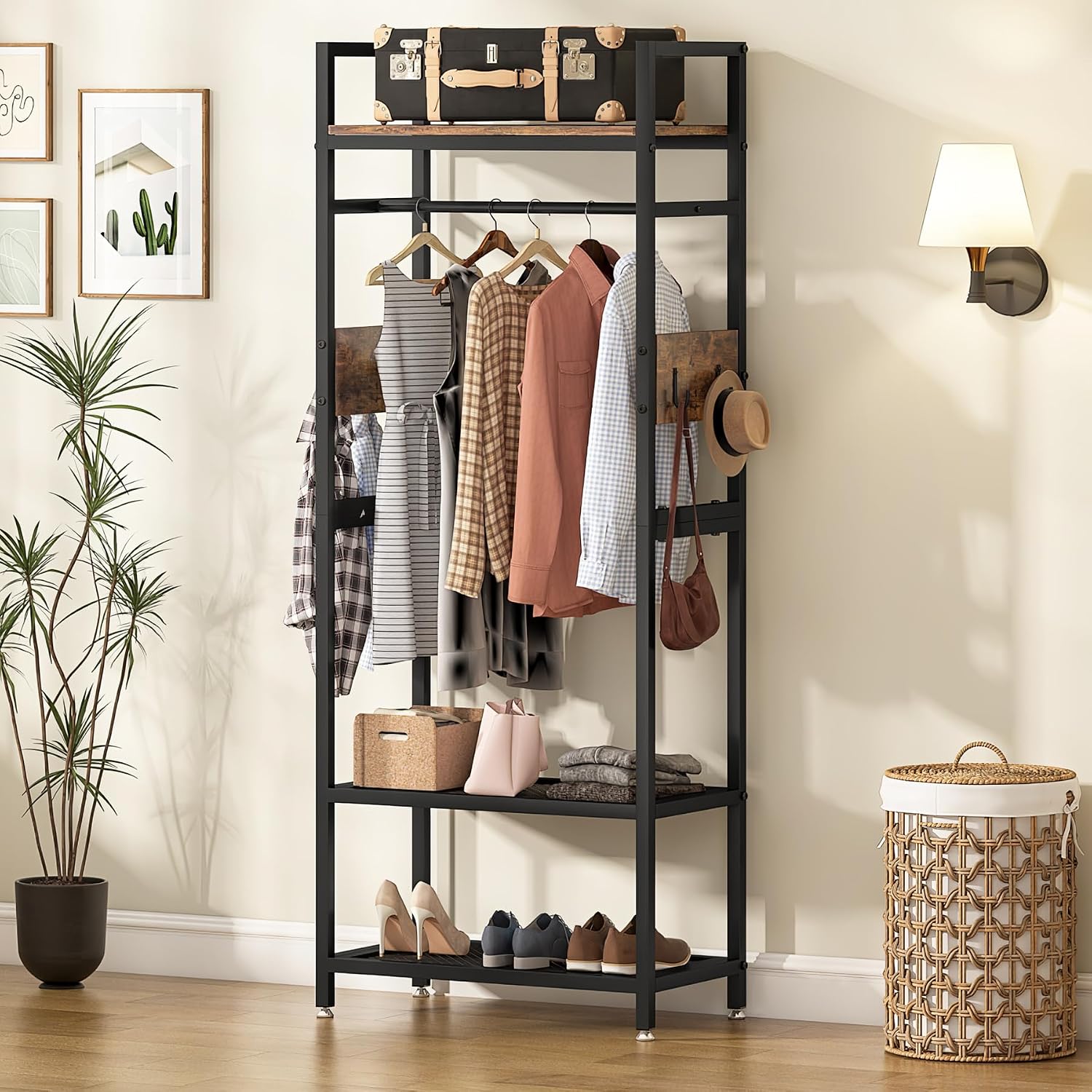 Tribesigns 69-inch Tall Narrow Clothes Garment Rack, Small Heavy Duty Closet Organizer with Shelves and Hooks, Freestanding Clothes Hanging Rack open wardrobe for Bedroom, Brown & Black