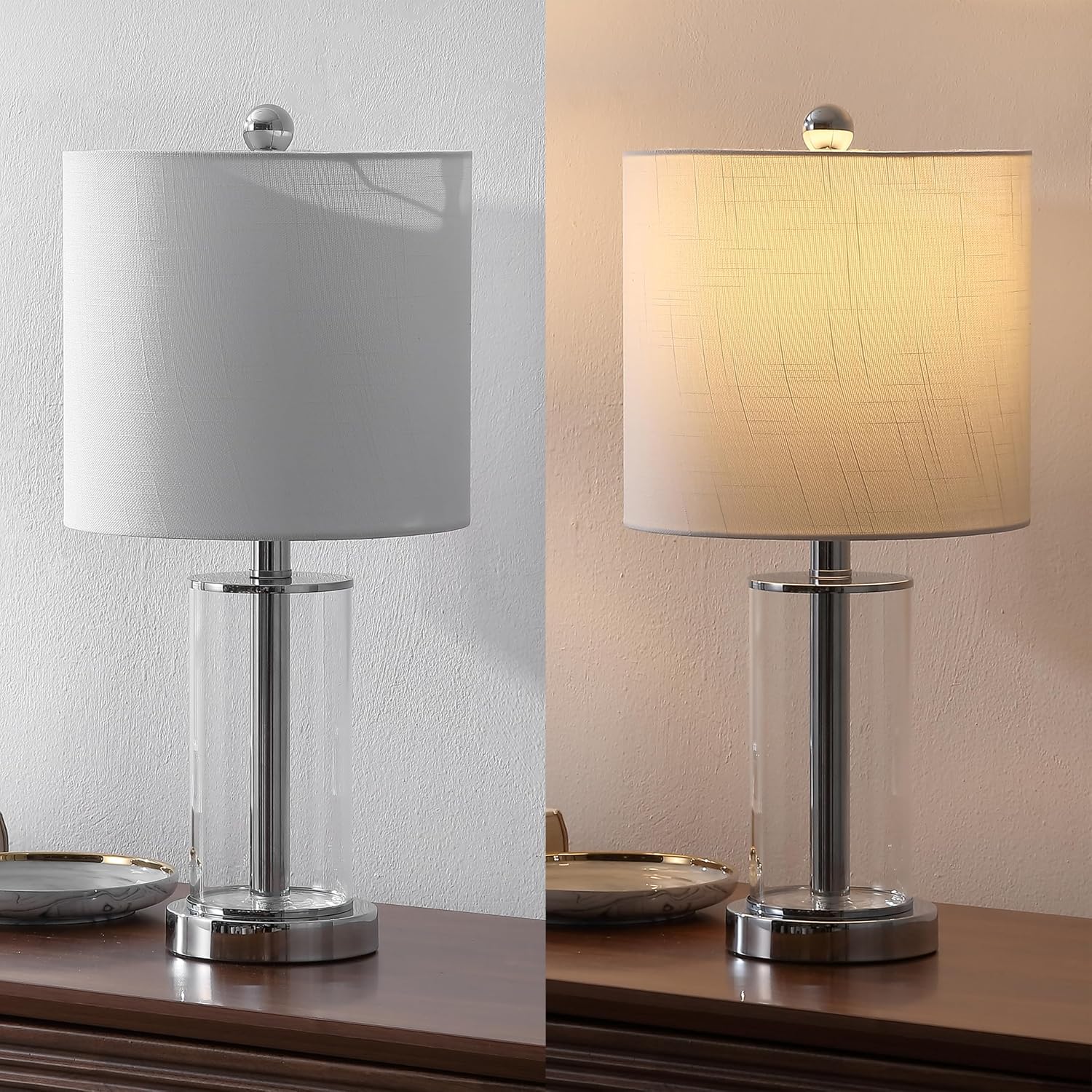 JONATHAN Y 20.5' Chrome Fillable Glass Table Lamp Set of 2, Modern Nightstand Lamps for Living Room Bedroom Office, White Linen Shade, LED Bulbs Included (JYL8508C-SET2)