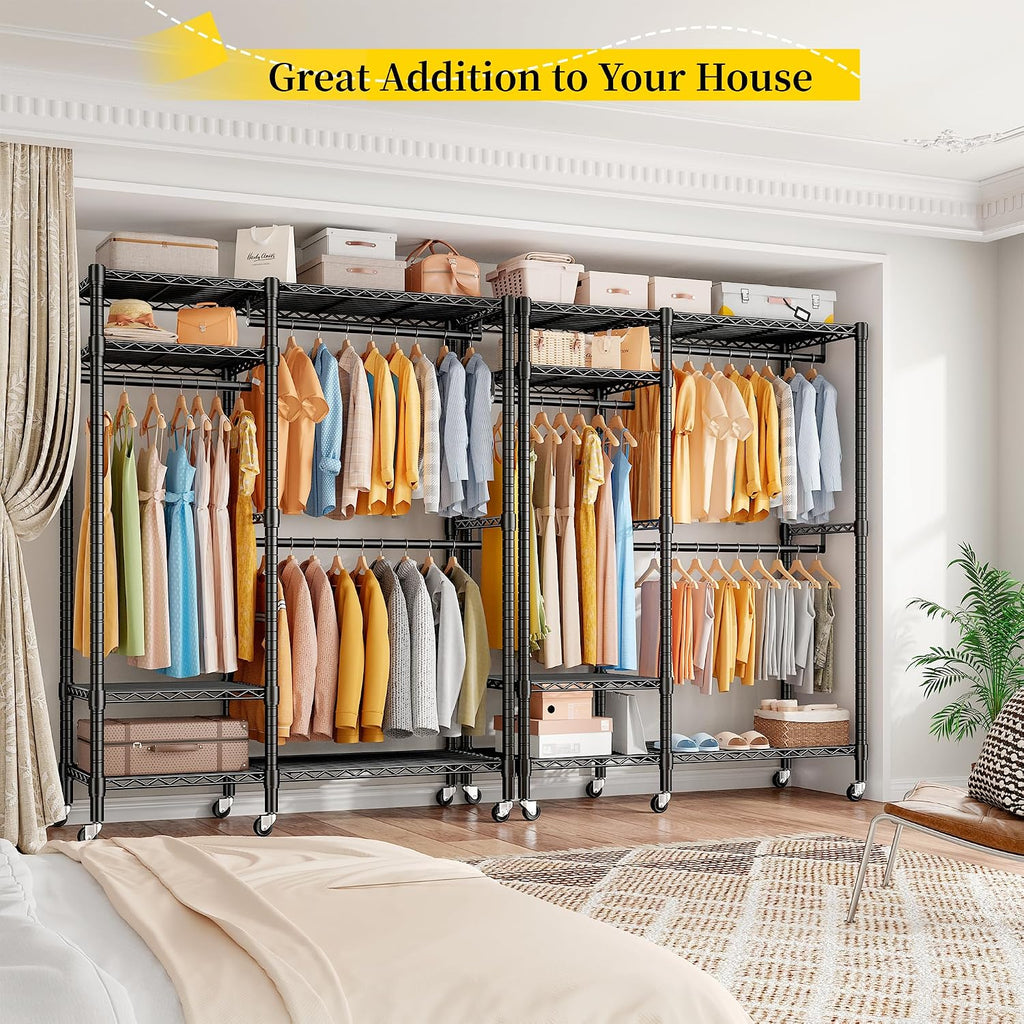 Raybee Clothes Rack Loads 780LBS, Clothes Rack for Hanging Clothes, Heavy Duty Clothing Racks with Wheels, Freestanding & Tool-Free Adjustable Metal Portable Closet with Shelves, Black