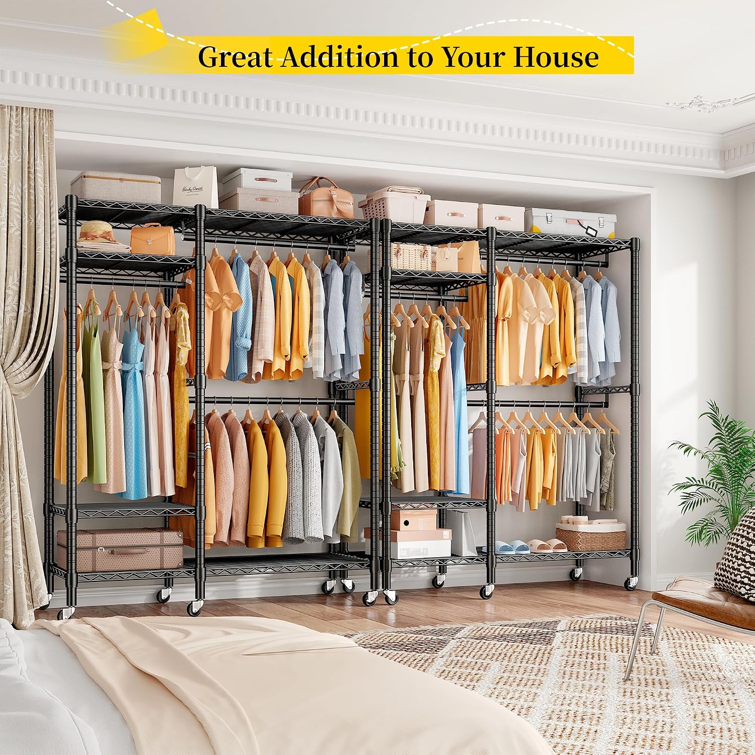 Raybee Clothes Rack Loads 780LBS, Clothes Rack for Hanging Clothes, Heavy Duty Clothing Racks with Wheels, Freestanding & Tool-Free Adjustable Metal Portable Closet with Shelves, Black