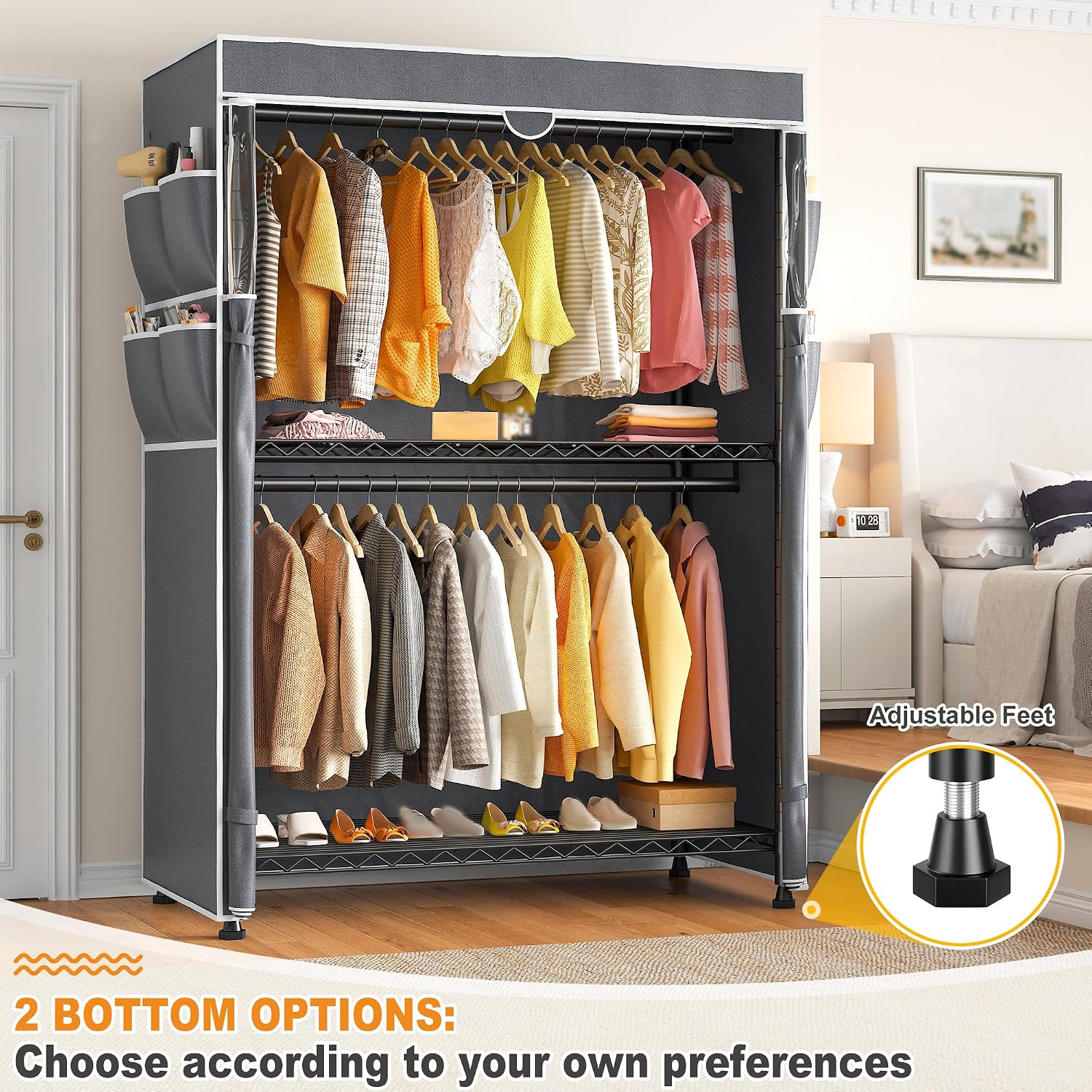Raybee 45' W Rolling Clothes Rack with Cover Load 440LBS, Heavy Duty Portable Closets for Hanging Clothes with Adjustable Shelves & Lockable Wheels, 2-Tier for Space Saving, Tool-Free Assembly, Black