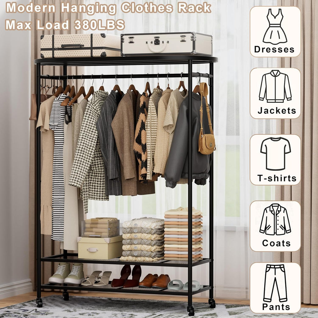 Clothes Rack with Cover, Heavy Duty Portable Closet for Hanging Clothes, Rolling Clothing Closet, Garment Rack with Wheels&Side Hooks, Closet Organizers and Storage with Black Cover, Max Load 380LBS