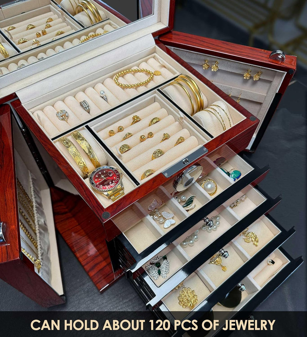 Jewelry Box Wood Jewel Organizer with Fingerprint Lock Safe, 7-Layer Large Locking Jewelry Storage Box with Necklace Hanger for Women Mens Gift (5L-RS)