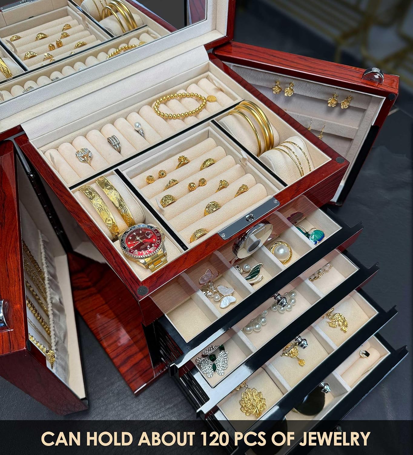 Jewelry Box Wood Jewel Organizer with Fingerprint Lock Safe, 7-Layer Large Locking Jewelry Storage Box with Necklace Hanger for Women Mens Gift (5L-RS)