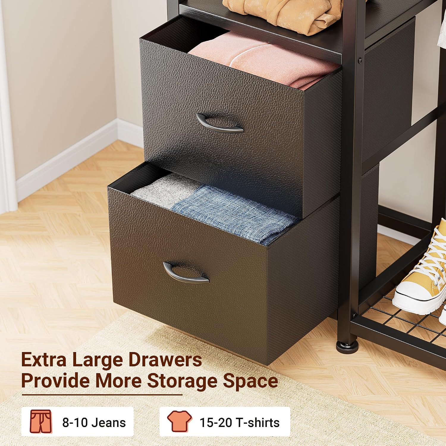Lulive Clothes Rack with 2 Rods, Shelves, Drawers & Hooks, Garment Rack | Clothes rack with 2 hanging rods (50lbs each), 2 shelves, 2 fabric drawers & 4 hooks. 300lb total capacity. Fits small spaces