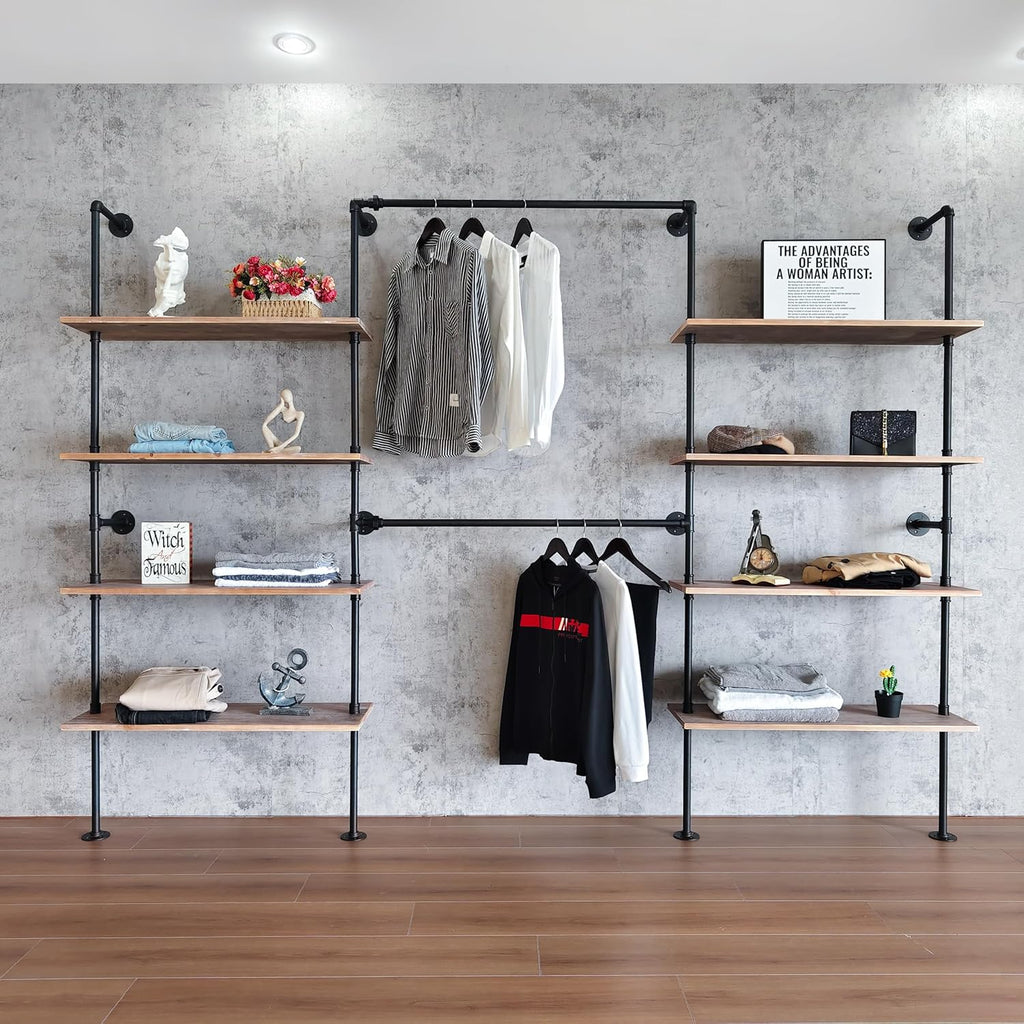 Industrial Pipe Clothing Rack Wall Mounted, DIY Custom Closet System with Shelves, Heavy Duty Garment Hanging Rack for Walk in Closet, Laundry Room, Retail Display, 14.6 x 112.6 x 82.7 in, Y03