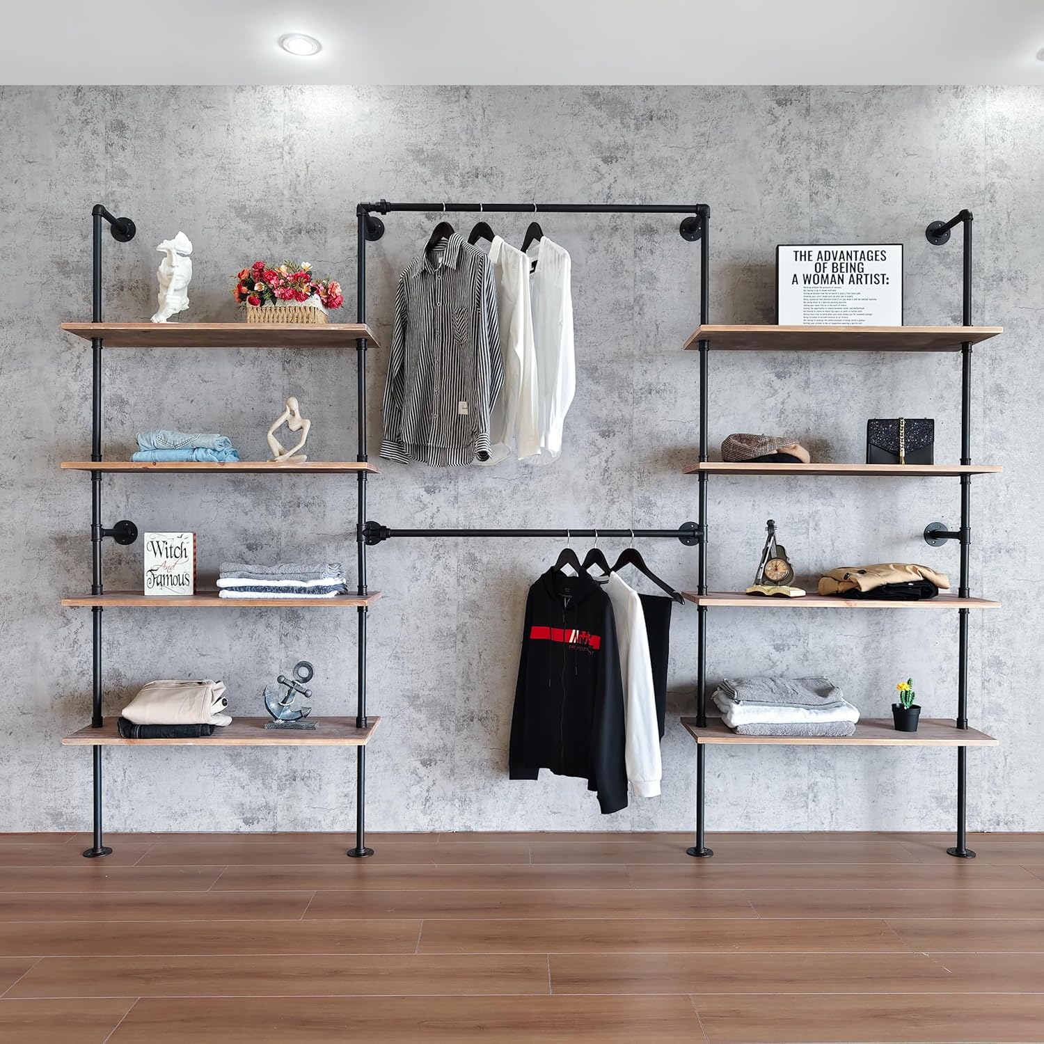 Industrial Pipe Clothing Rack Wall Mounted, DIY Custom Closet System with Shelves, Heavy Duty Garment Hanging Rack for Walk in Closet, Laundry Room, Retail Display, 14.6 x 112.6 x 82.7 in, Y03