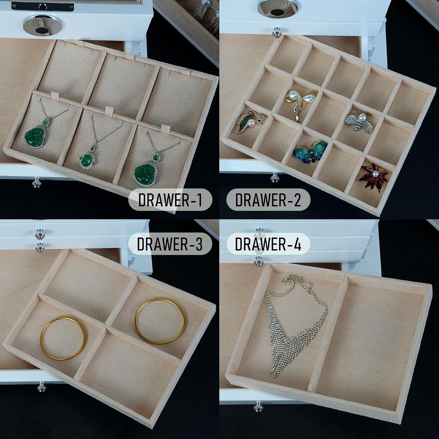 White Wood Jewelry Box, Large Size, Fingerprint Unlock, Seven Level Jewelry Organizer with Necklace Hanger and Mirror, High Gloss Lacquer Finish (5L-WT)