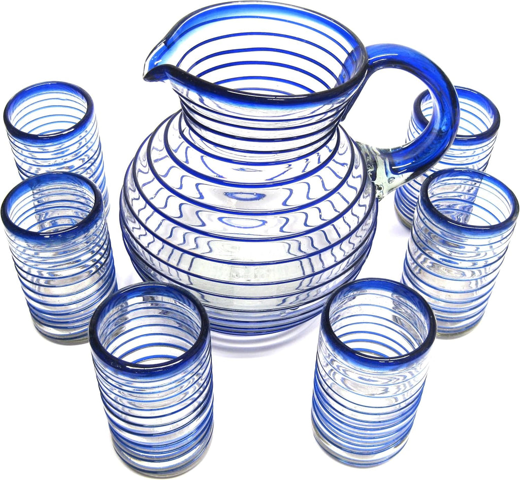 Cobalt Blue Spiral 120 oz Pitcher and 6 Drinking Glasses set, Recycled Glass, Lead-free, Toxin-Free (Pitcher & Glasses)