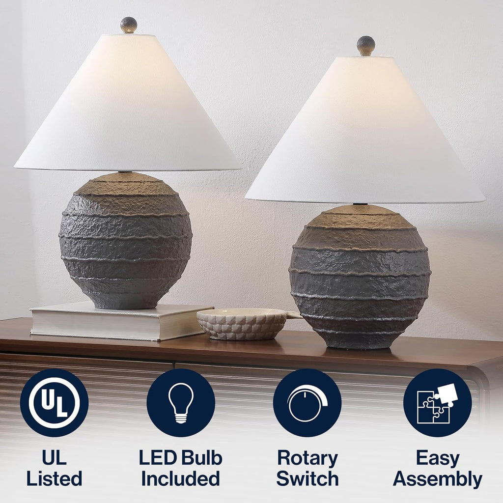 JONATHAN Y 21' Gray Coastal Cottage Textured Resin Table Lamp Set of 2, Farmhouse Ridged Nightstand Lamps for Living Room Bedroom, White Linen Shade, LED Bulbs (JYL9205B-SET2)
