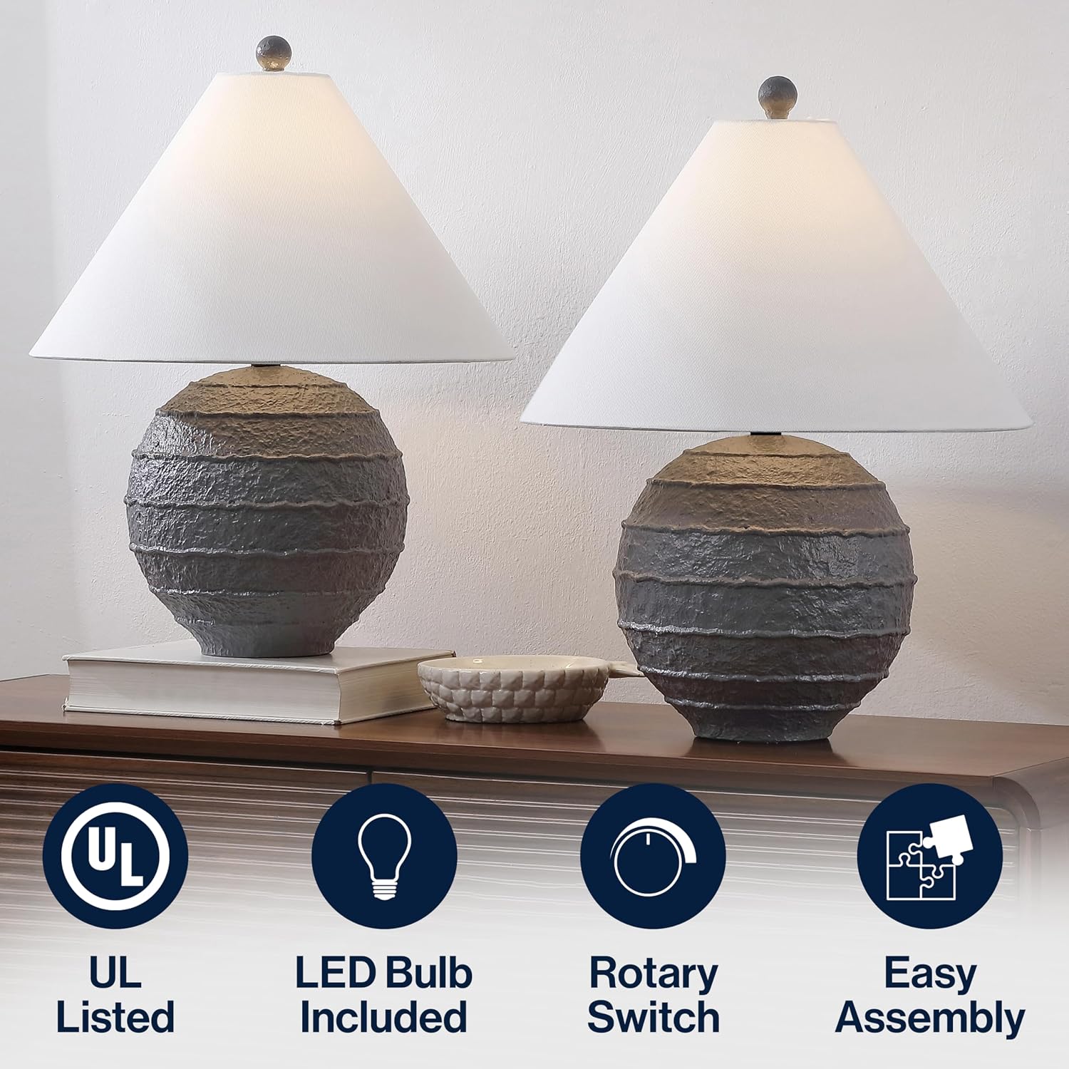 JONATHAN Y 21' Gray Coastal Cottage Textured Resin Table Lamp Set of 2, Farmhouse Ridged Nightstand Lamps for Living Room Bedroom, White Linen Shade, LED Bulbs (JYL9205B-SET2)