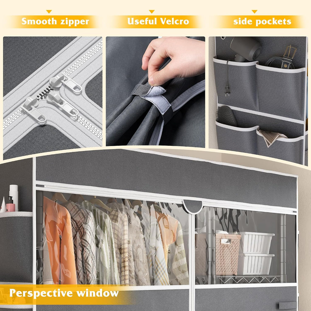 Raybee Rolling Clothes Rack with Cover, Clothing Racks for Hanging Clothes, Heavy Duty Portable Closet with Wheels, Garment Rack for Bedroom, Quick Assembly, Black