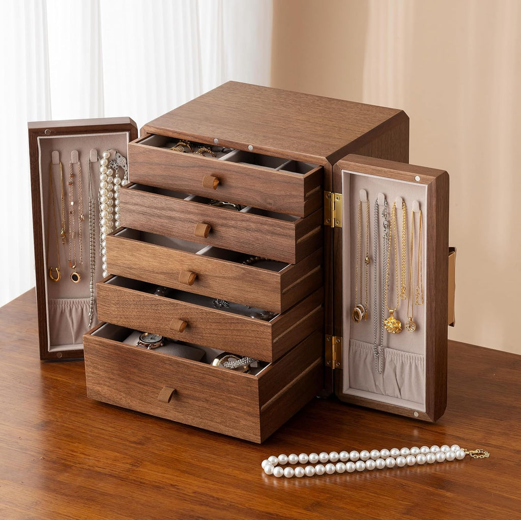 Luxury Black Walnut Jewelry Box for Women, 5-Layer Wooden Organizer , Dustproof Velvet Lined Storage for Watches, Necklaces, Rings, Earrings - Gift for Wife, Mom, Bride, Valentine's Day, Anniversary