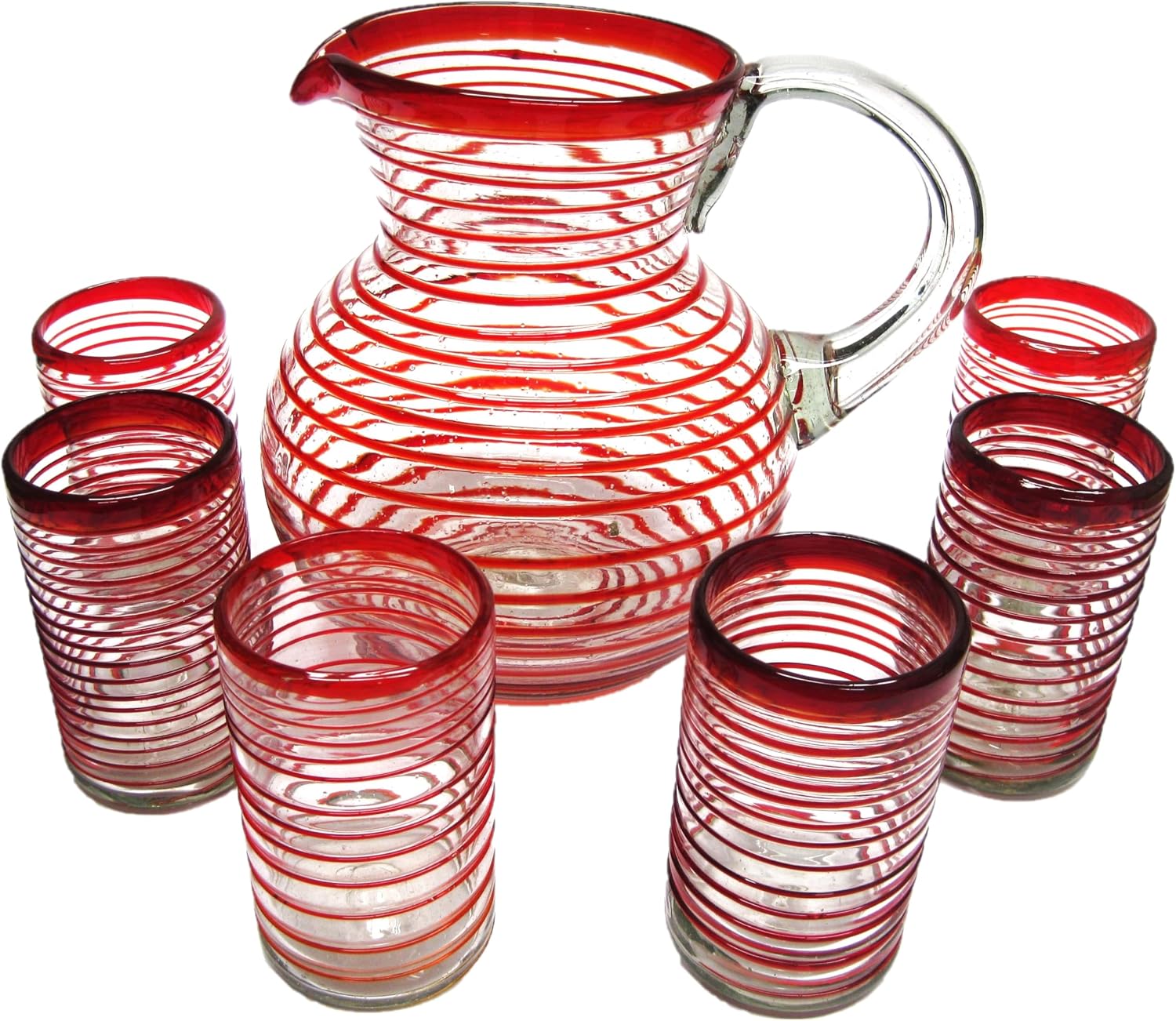 Ruby Red Spiral 120 oz Pitcher and 6 Drinking Glasses set, Recycled Glass, Lead-free, Toxin-Free (Pitcher & Glasses)