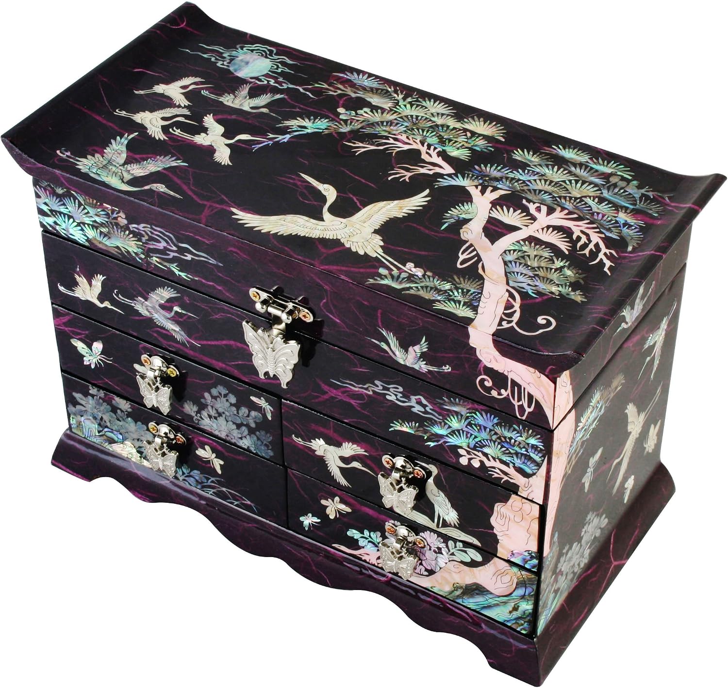 Mother of Pearl Crane and Pine Tree in Purple Mulberry Paper Design Wooden Jewelry Mirror Trinket Keepsake Treasure Gift Asian Lacquer Box Case Chest Organizer