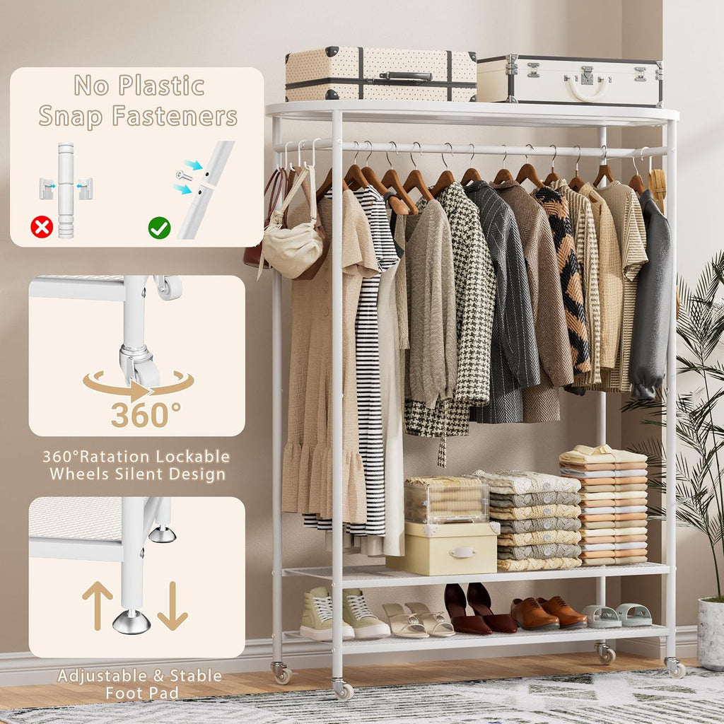 Clothes Rack with Cover, Heavy Duty Portable Closet for Hanging Clothes, Rolling Clothing Closet, Garment Rack with Wheels&Side Hooks, Closet Organizers and Storage with Cover, Max Load 380LBS, White