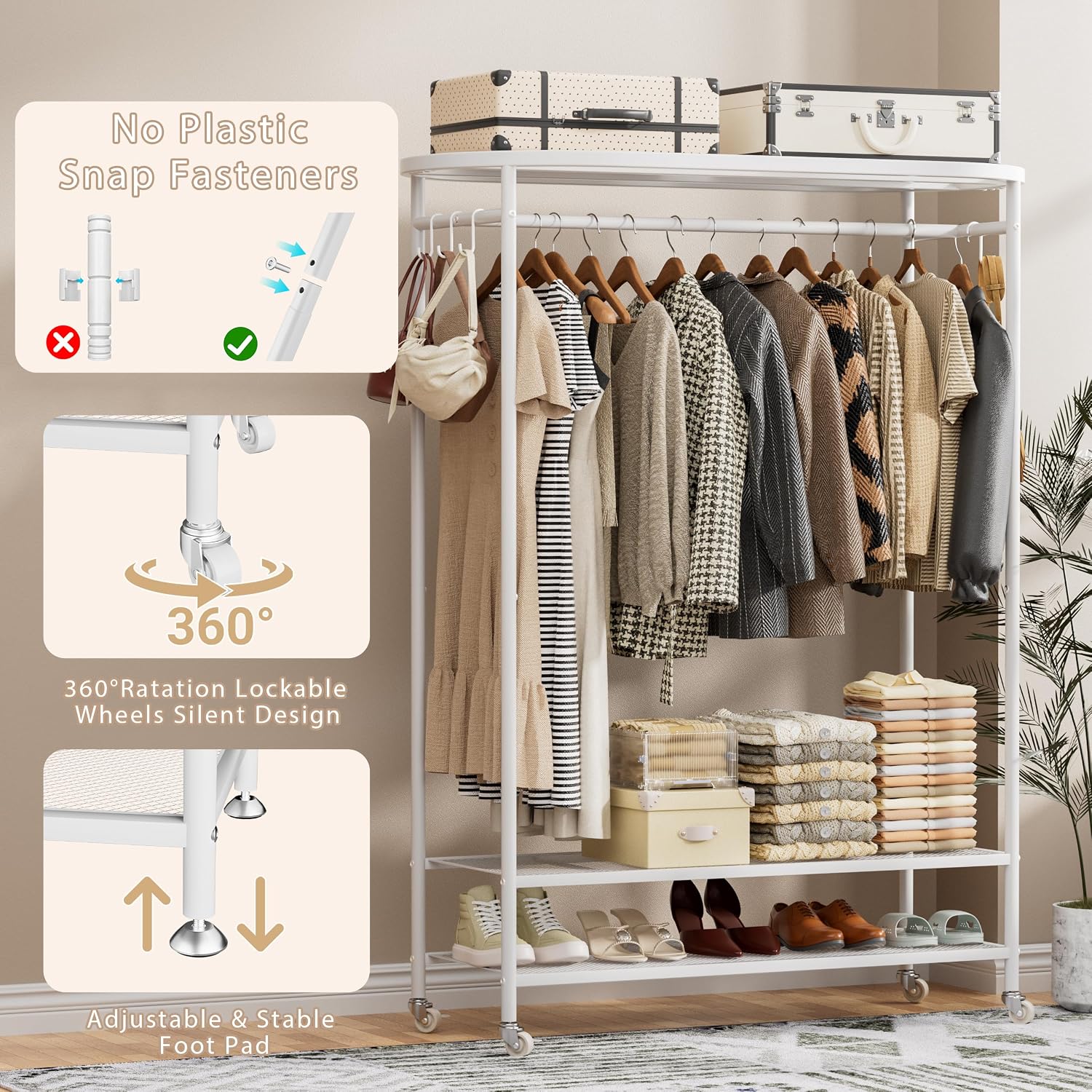 Clothes Rack with Cover, Heavy Duty Portable Closet for Hanging Clothes, Rolling Clothing Closet, Garment Rack with Wheels&Side Hooks, Closet Organizers and Storage with Cover, Max Load 380LBS, White
