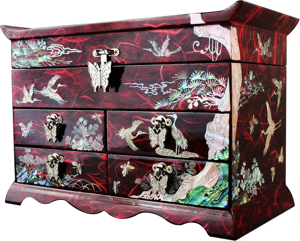 Mother of Pearl Crane and Pine Tree in Red Mulberry Paper Design Wooden Jewelry Mirror Trinket Keepsake Treasure Drawer Lacquer Box Case Chest Organizer