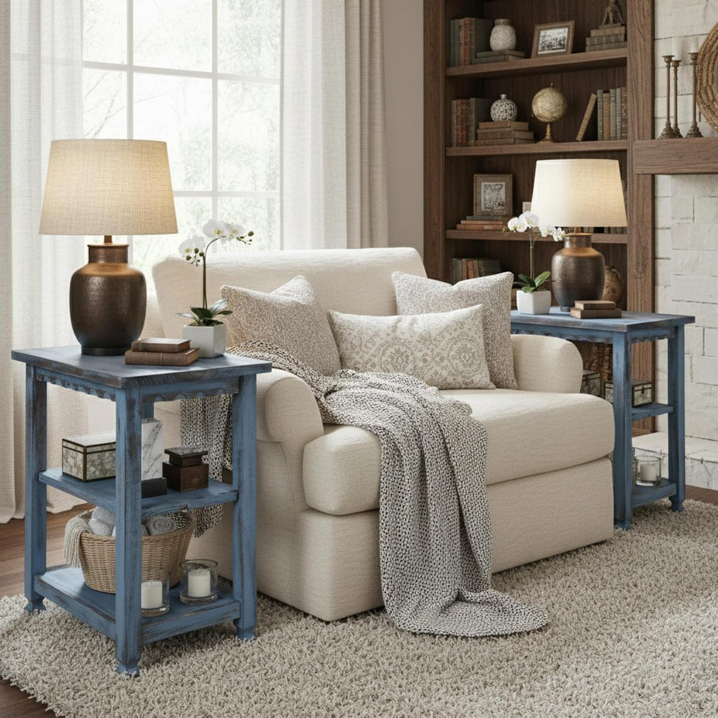 Alaterre Furniture Country Cottage Rustic Farmhouse Nightstand Set of 2-15in Narrow Side Table Set with Storage Shelves - Solid Wood Rustic Nightstands for Living Room or Bedroom (Antique Blue)