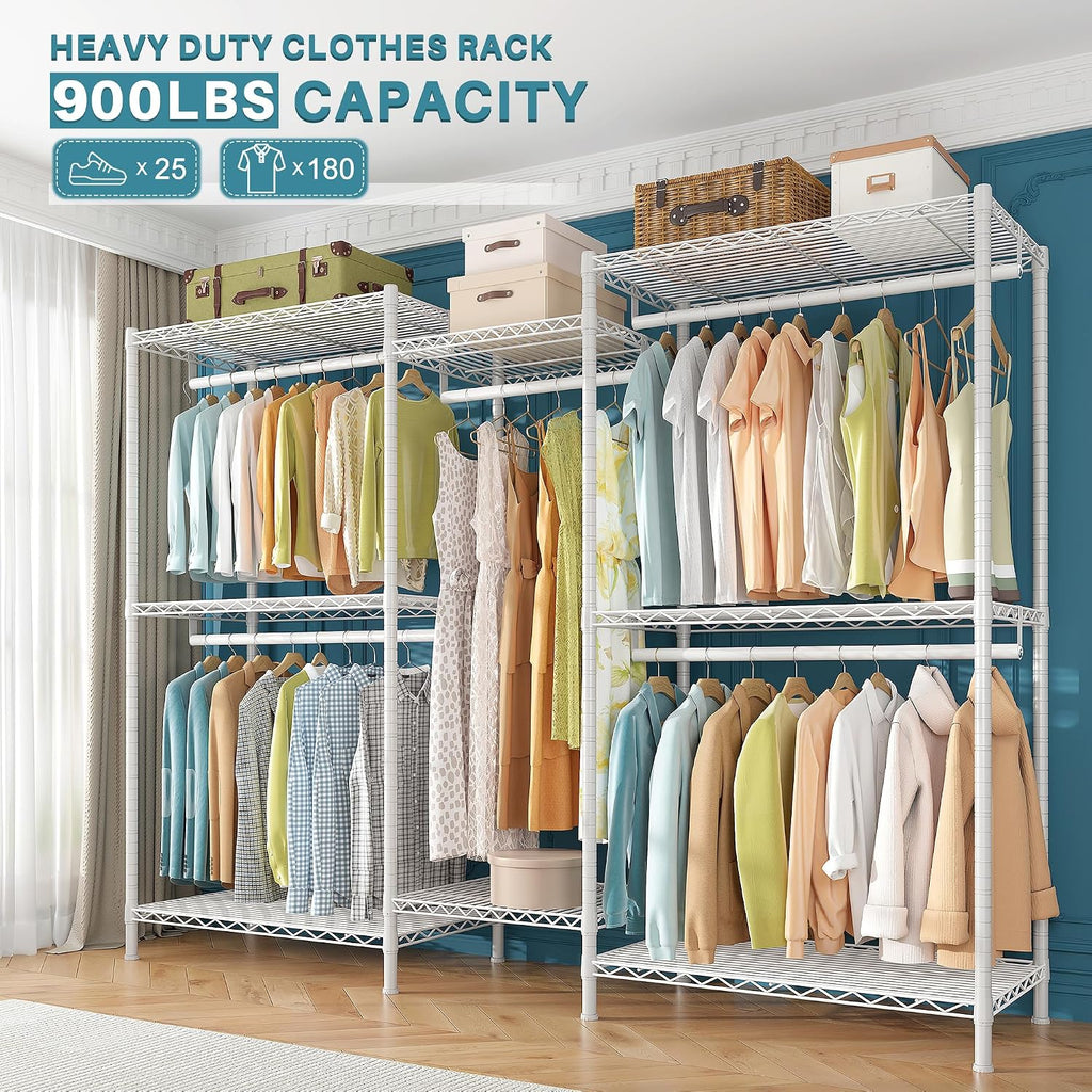 Raybee Clothing Rack for Hanging Clothes,Heavy Duty Clothes Rack with Shelves,Portable Closet,Adjustable,Metal,Max Load 900lbs,White