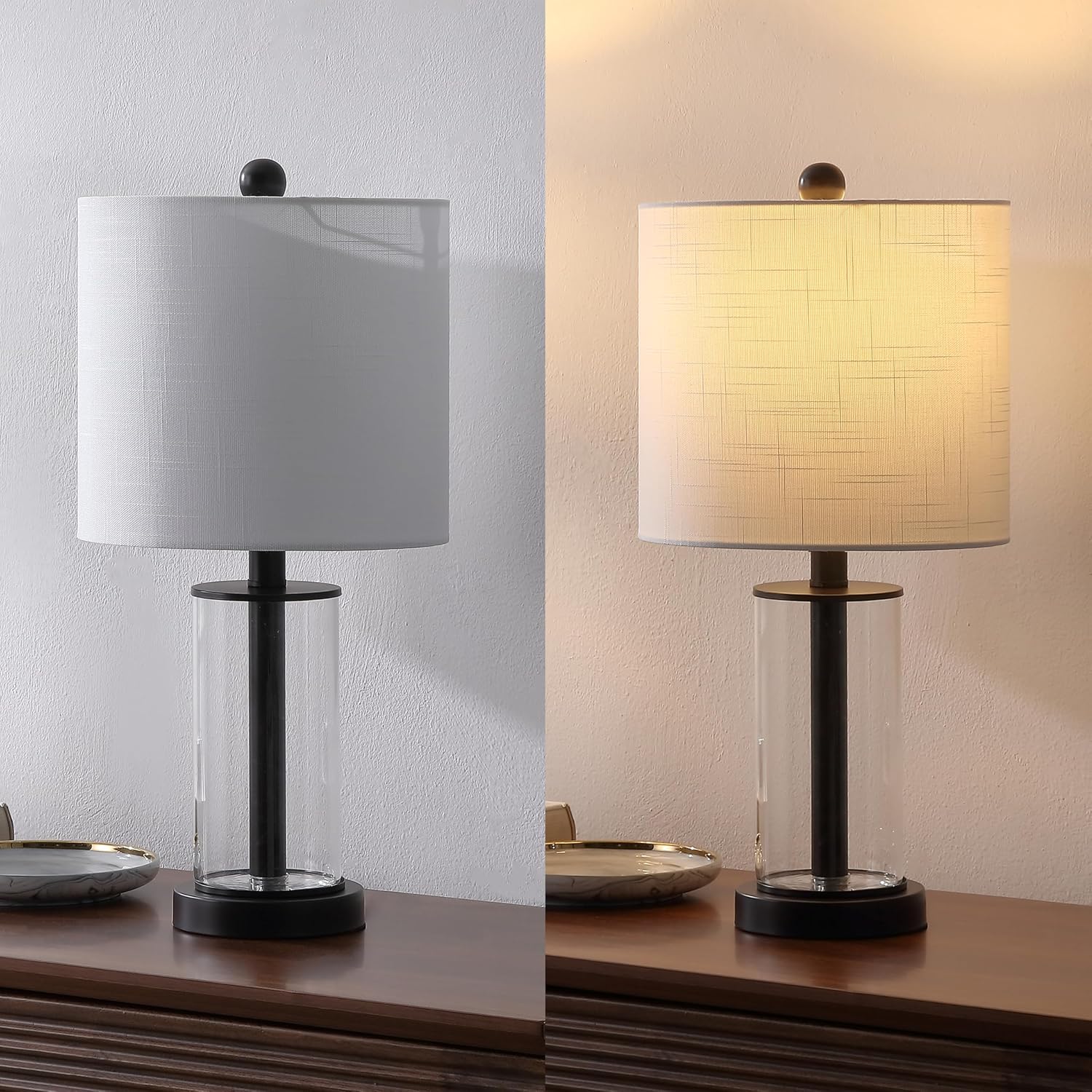 JONATHAN Y 20.5' Oil Rubbed Bronze/Clear Fillable Glass Table Lamp Set of 2, Modern Nightstand Lamps for Living Room Bedroom Office, White Linen Shade, LED Bulbs Included JYL8508A-SET2