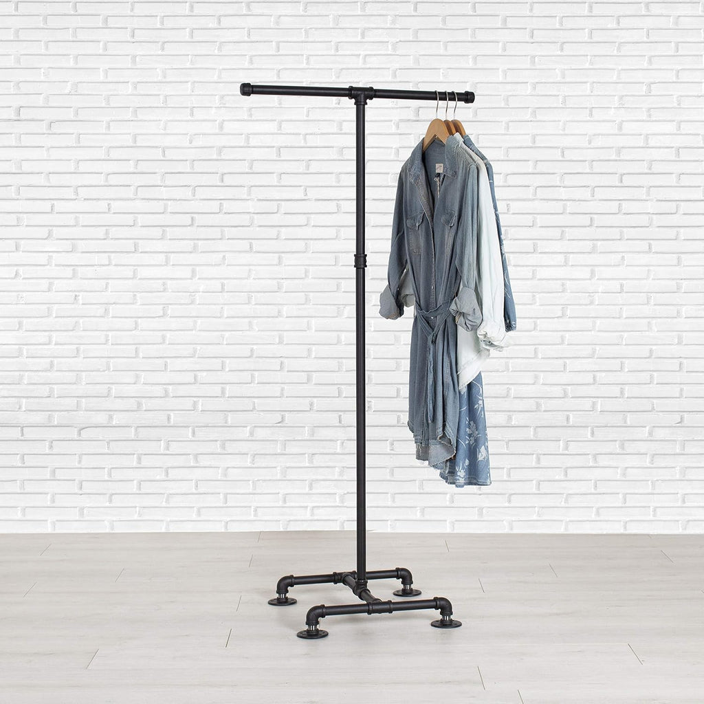 William Robert's Vintage Industrial Clothing Rack Heavy Duty Pipe 2-Way Black Powder Coated for Retail Store and Home
