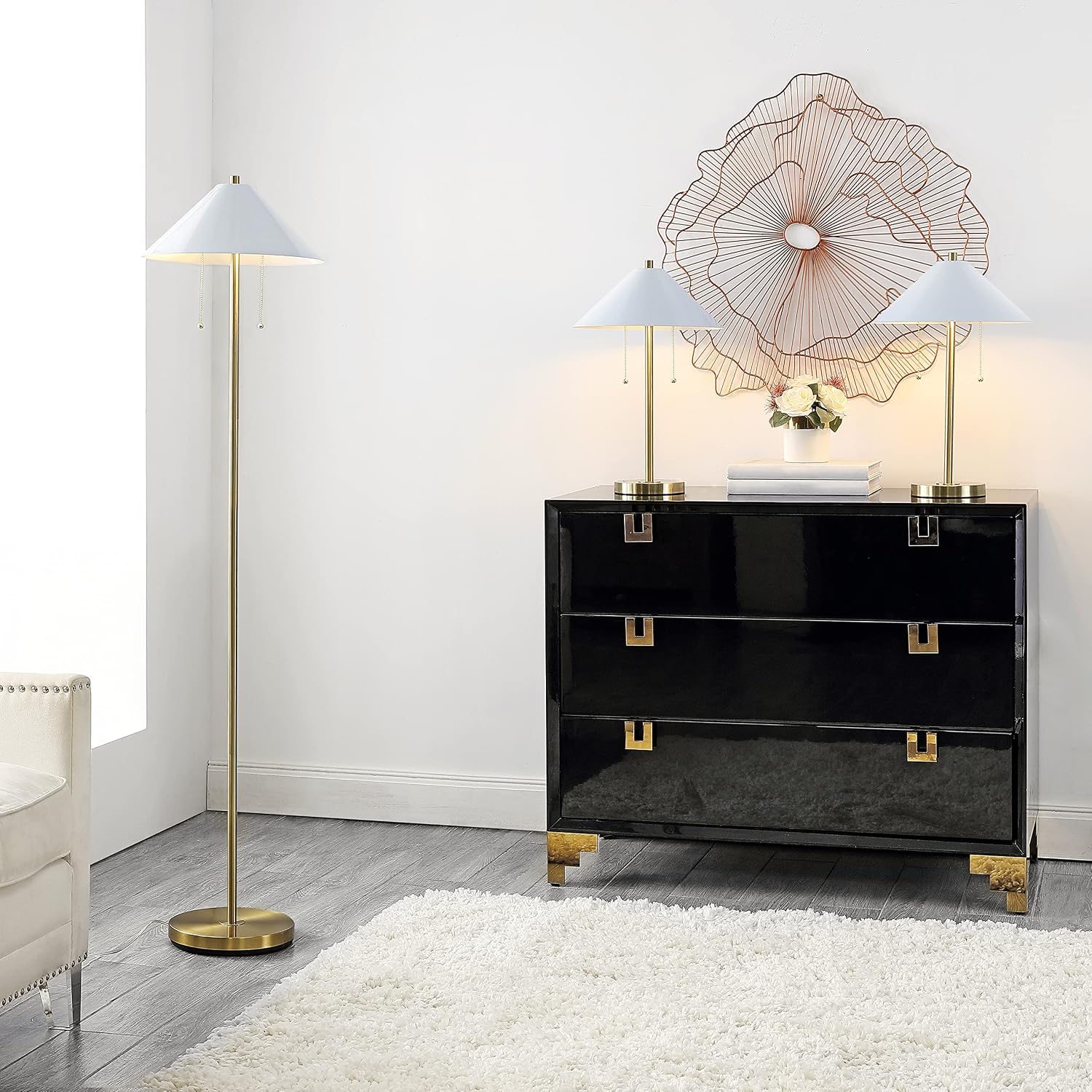 SAFAVIEH Lighting Collection Prisma Contemporary Gold/White Pull-Chain Floor & Table Lamp Set of 3 (LED Bulbs Included)