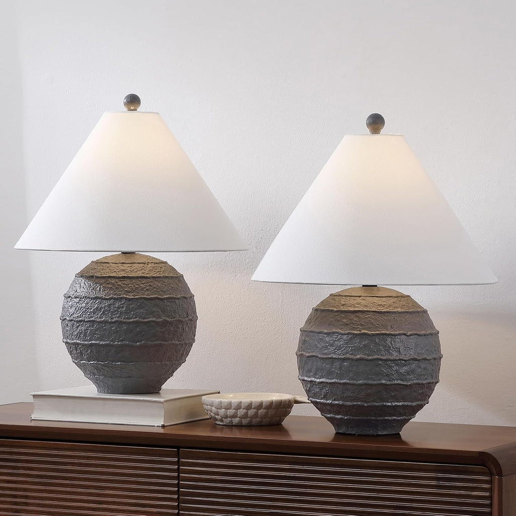 JONATHAN Y 21' Gray Coastal Cottage Textured Resin Table Lamp Set of 2, Farmhouse Ridged Nightstand Lamps for Living Room Bedroom, White Linen Shade, LED Bulbs (JYL9205B-SET2)