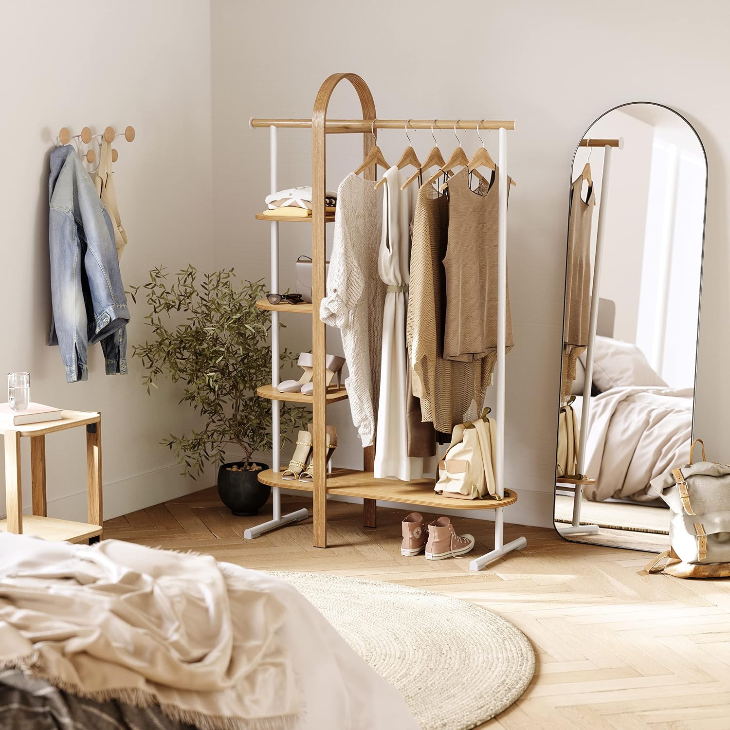 Umbra Bellwood Garment Rack Clothes Stand for Clothing, Coats, Dresses, with Shelf for Shoes and Accessories, White/Natural