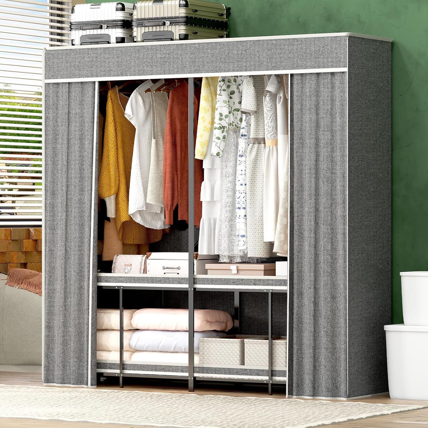 Umeiga Heavy Duty Portable Closet with Cover 1200Ibs Foldable Covered Clothes Rack for Hanging Armoire Wardrobe Closet System Freestanding Coat Storage Garment Racks (168cm/66in Gray)