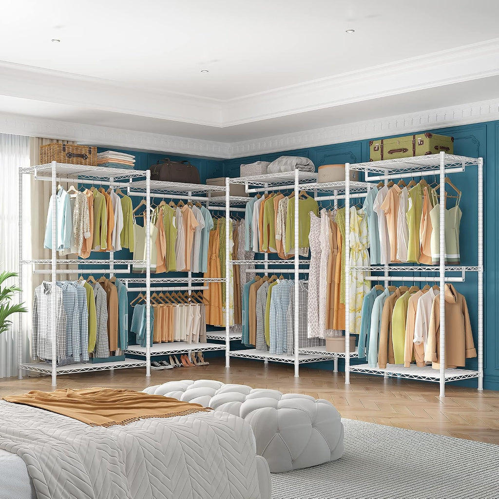 Raybee Clothing Rack for Hanging Clothes,Heavy Duty Clothes Rack with Shelves,Portable Closet,Adjustable,Metal,Max Load 900lbs,White
