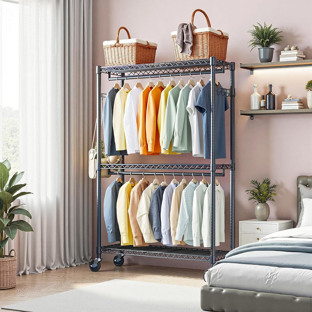 3-Tier High-Strength Rolling Garment Rack Adjustable Wire Shelving Clothing Closet Storage with 2 Hanging Rods Side Hooks Wheels Black 15.7' D x 45.3' W x 79.6' H