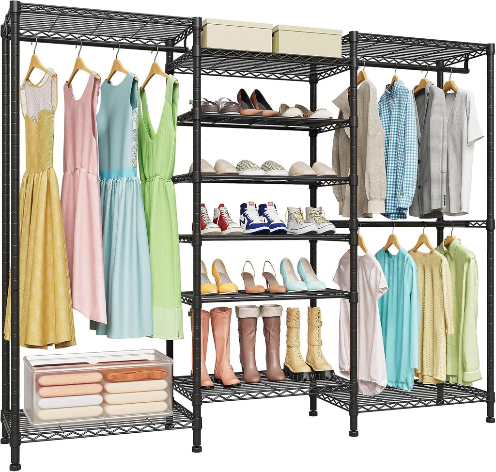 Higeego H12 Heavy Duty Clothes Rack with Adjustable 5-Tier Shoe Rack, Freestanding Clothing Racks for Hanging Clothes, Metal Shoe Organizer Large Closet Racks, 15.7' D x 68.7' W x 76.4' H, Black