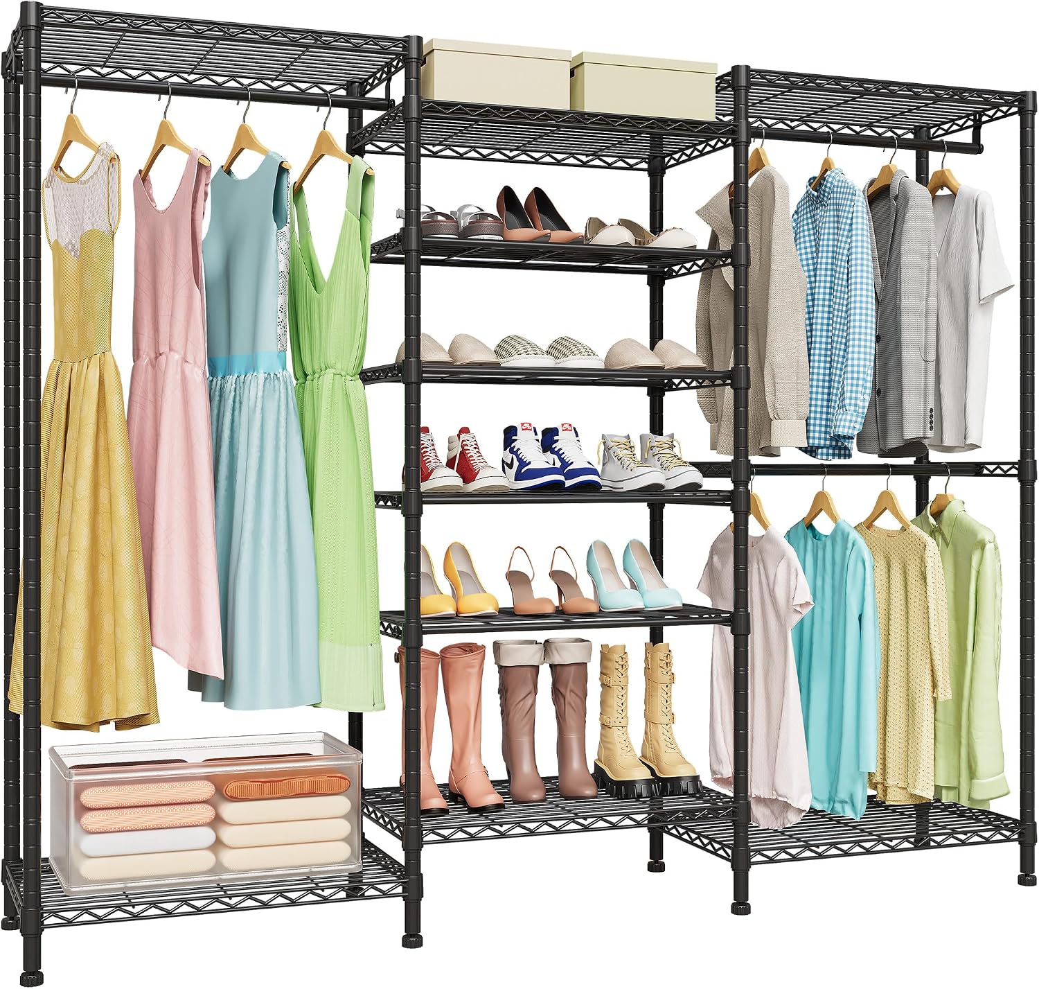 Higeego H12 Heavy Duty Clothes Rack with Adjustable 5-Tier Shoe Rack, Freestanding Clothing Racks for Hanging Clothes, Metal Shoe Organizer Large Closet Racks, 15.7' D x 68.7' W x 76.4' H, Black