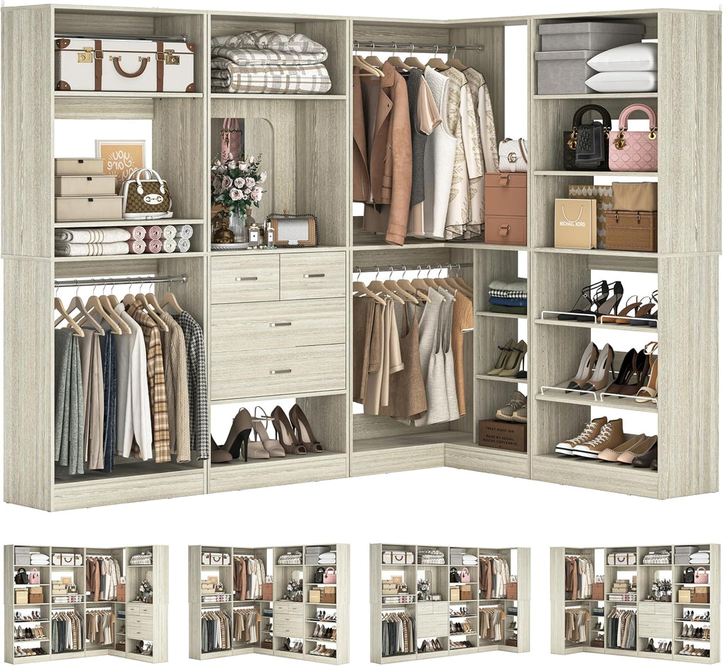 Unikito 110' Closet System with Drawers, 9.3FT Corner Closet Organizer with 4 Hanging Rods, Reversible Large Wood L Shaped Walk in Closets Wardrobe with Shoe Shelves, Set of 4, White Oak
