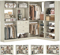 Unikito 110' Closet System with Drawers, 9.3FT Corner Closet Organizer with 4 Hanging Rods, Reversible Large Wood L Shaped Walk in Closets Wardrobe with Shoe Shelves, Set of 4, White Oak