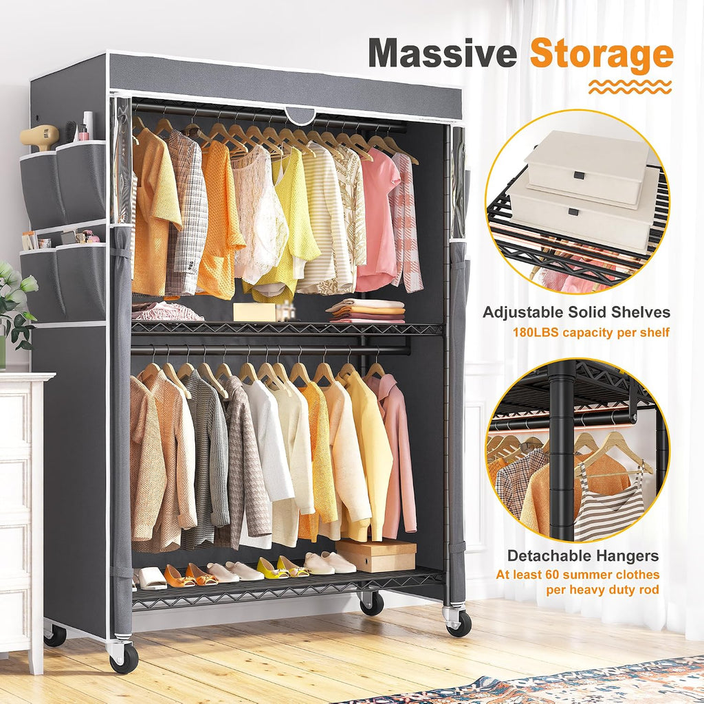 Raybee 45' W Rolling Clothes Rack with Cover Load 440LBS, Heavy Duty Portable Closets for Hanging Clothes with Adjustable Shelves & Lockable Wheels, 2-Tier for Space Saving, Tool-Free Assembly, Black