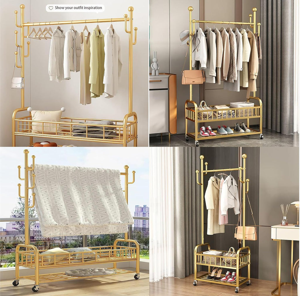 Clothing Rack, Standing with Wheels, Heavy Duty for Storage, Gold，for Hanging Organizers Clothes,Shoes,Bags,Scarf,Neckties Ideal for offices, bedrooms, foyers (Gold, S)