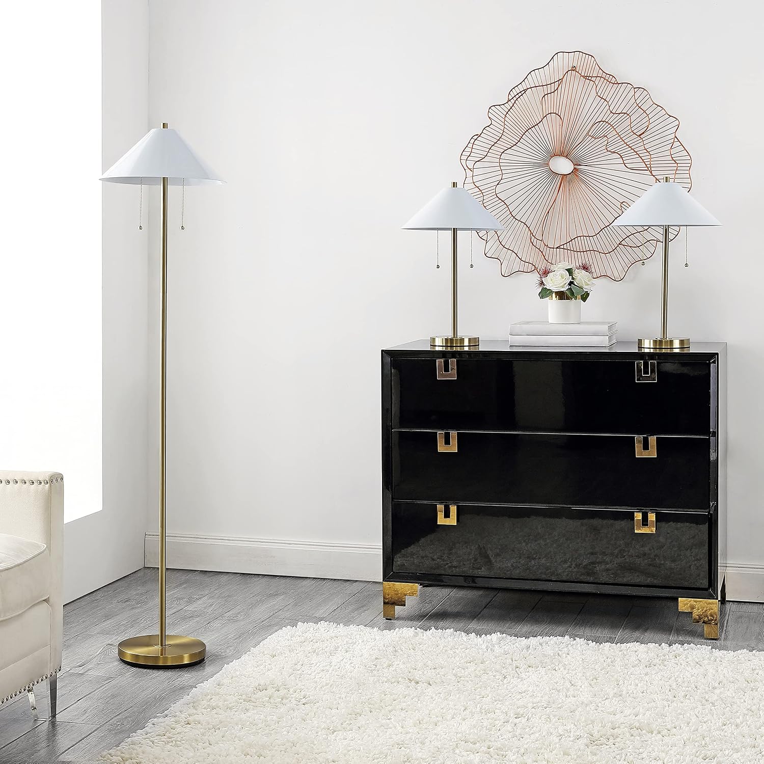 SAFAVIEH Lighting Collection Prisma Contemporary Gold/White Pull-Chain Floor & Table Lamp Set of 3 (LED Bulbs Included)