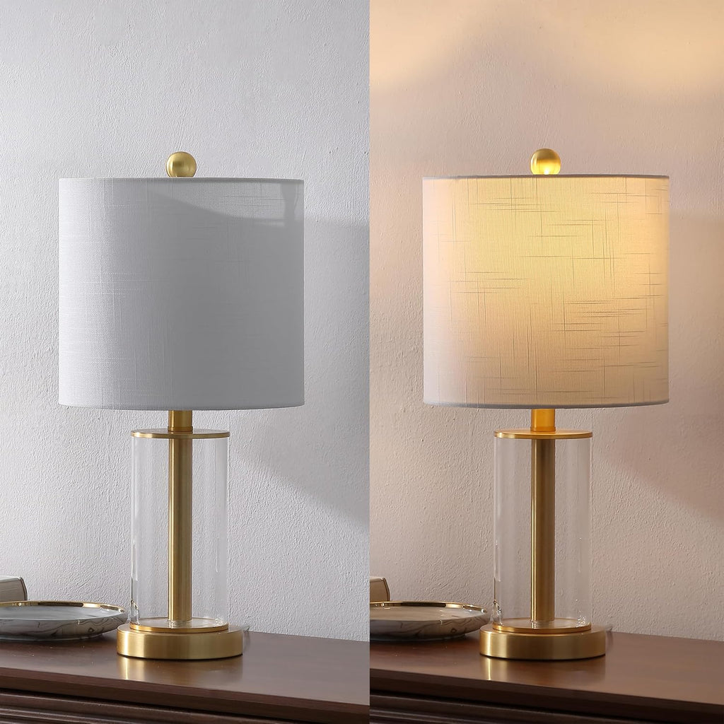 JONATHAN Y 20.5' Brass Gold Fillable Glass Table Lamp Set of 2, Modern Nightstand Lamps for Living Room Bedroom Office, White Linen Shade, LED Bulbs Included (JYL8508B-SET2)