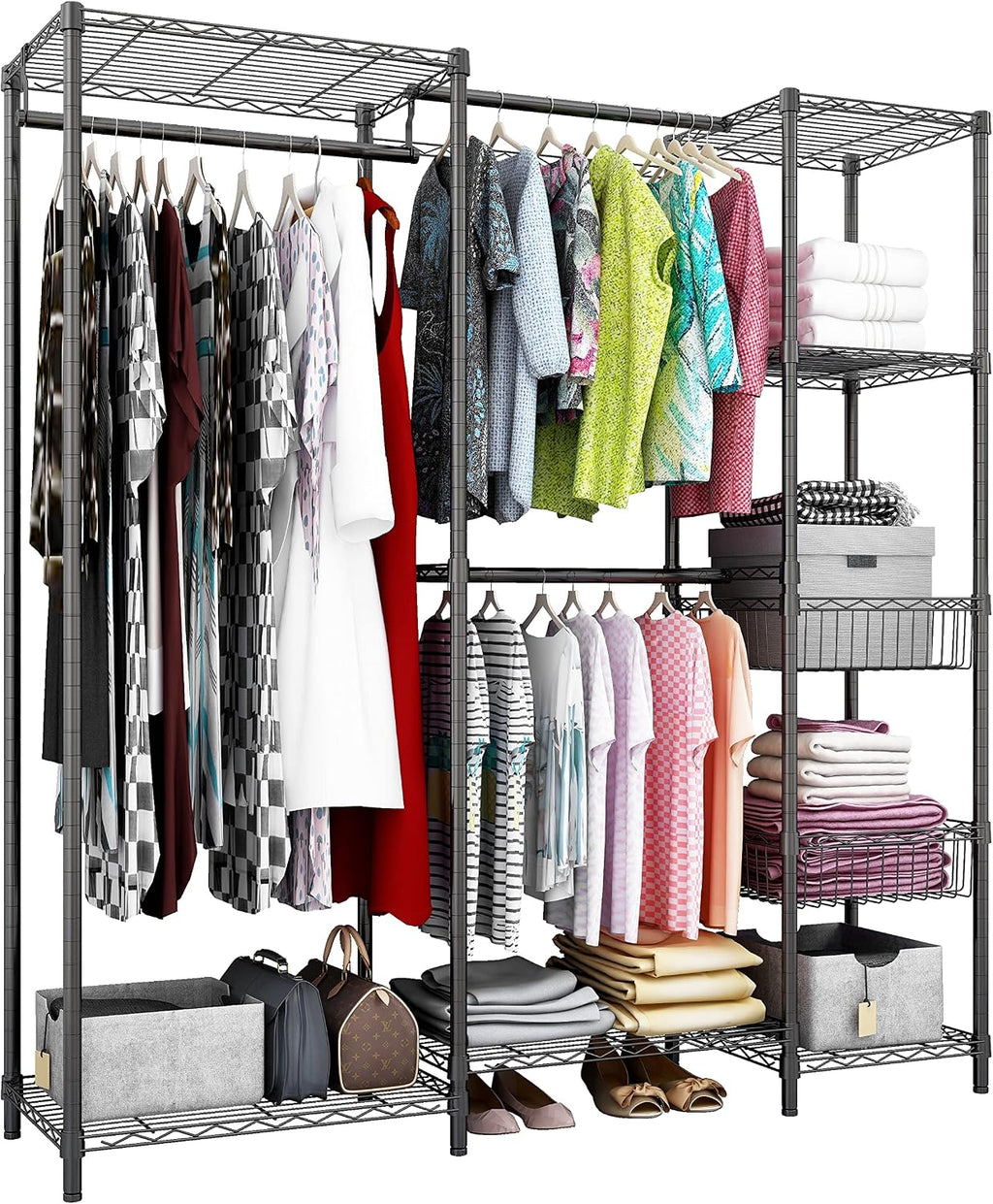 Xiofio 6 Tiers Heavy Duty Garment Rack,Metal Clothing Rack,Clothing Storage Rack,Closet Organizer System Freestanding & Adjustable Wardrobe 60.7' L x 15.7' W x 70.5' H Max Load 720LBS Black