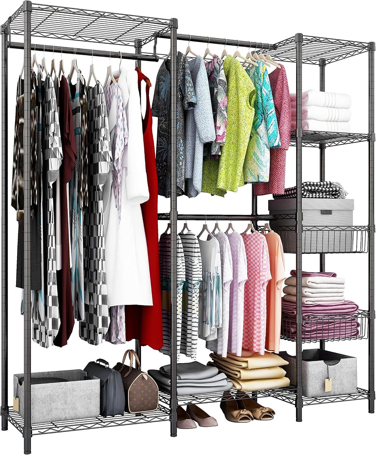 Xiofio 6 Tiers Heavy Duty Garment Rack,Metal Clothing Rack,Clothing Storage Rack,Closet Organizer System Freestanding & Adjustable Wardrobe 60.7' L x 15.7' W x 70.5' H Max Load 720LBS Black